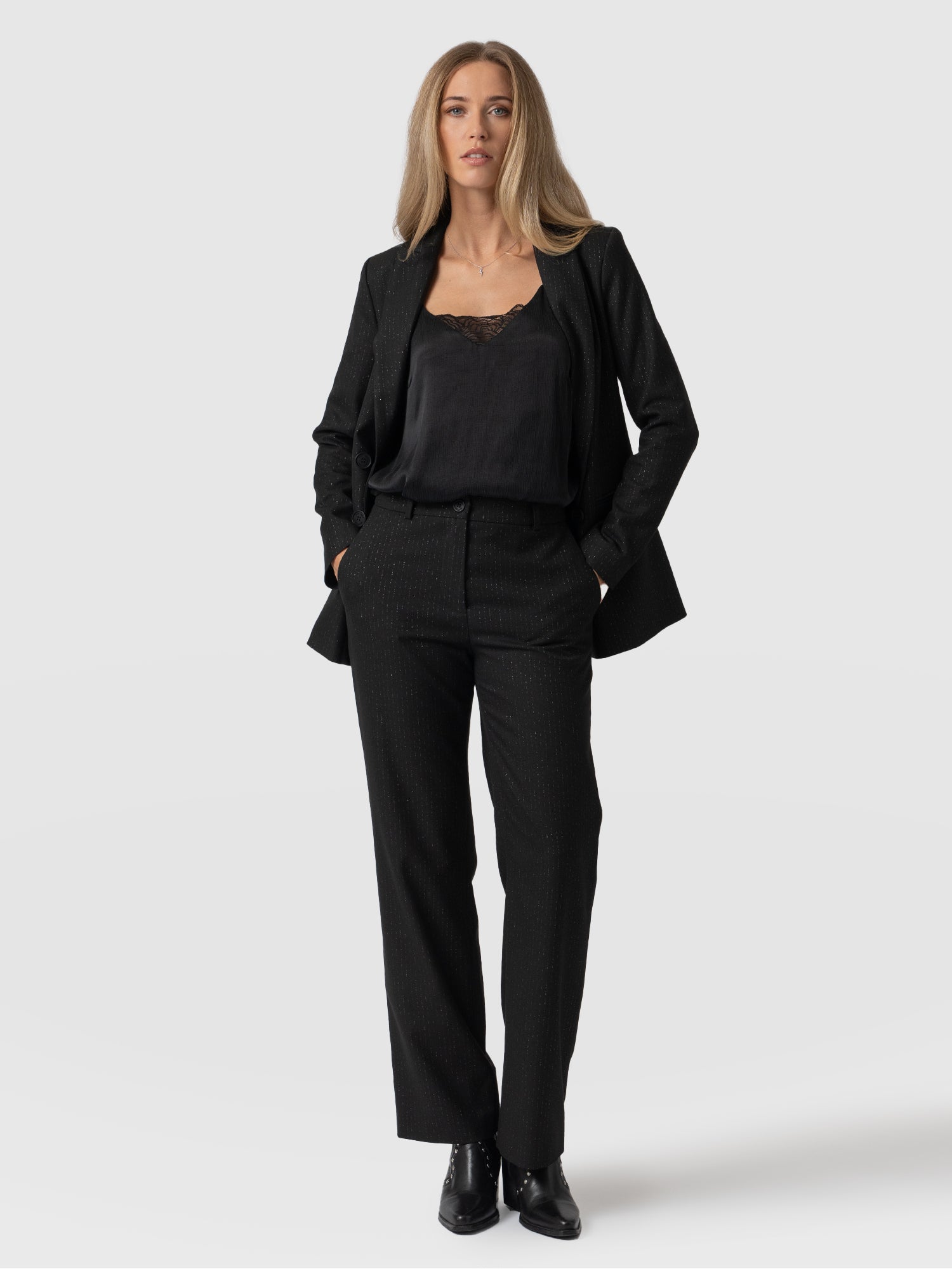 Chester Straight Leg Pant Black Lurex Pinstripe - Women's Trousers | Saint + Sofia® EU